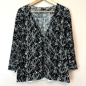 Lafayette 148 V-Neck Printed Cardigan 3/4 Sleeve Black White XL Office Statement